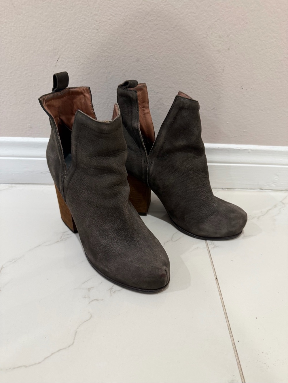 Jeffrey Campbell Charcoal Suede Cutout Ankle Booties with Wood Block Heel